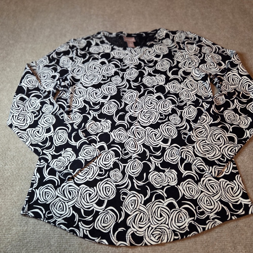 Chicos Womens 1 Medium Black White Rose Swirl Floral Long Sleeve Cotton Top